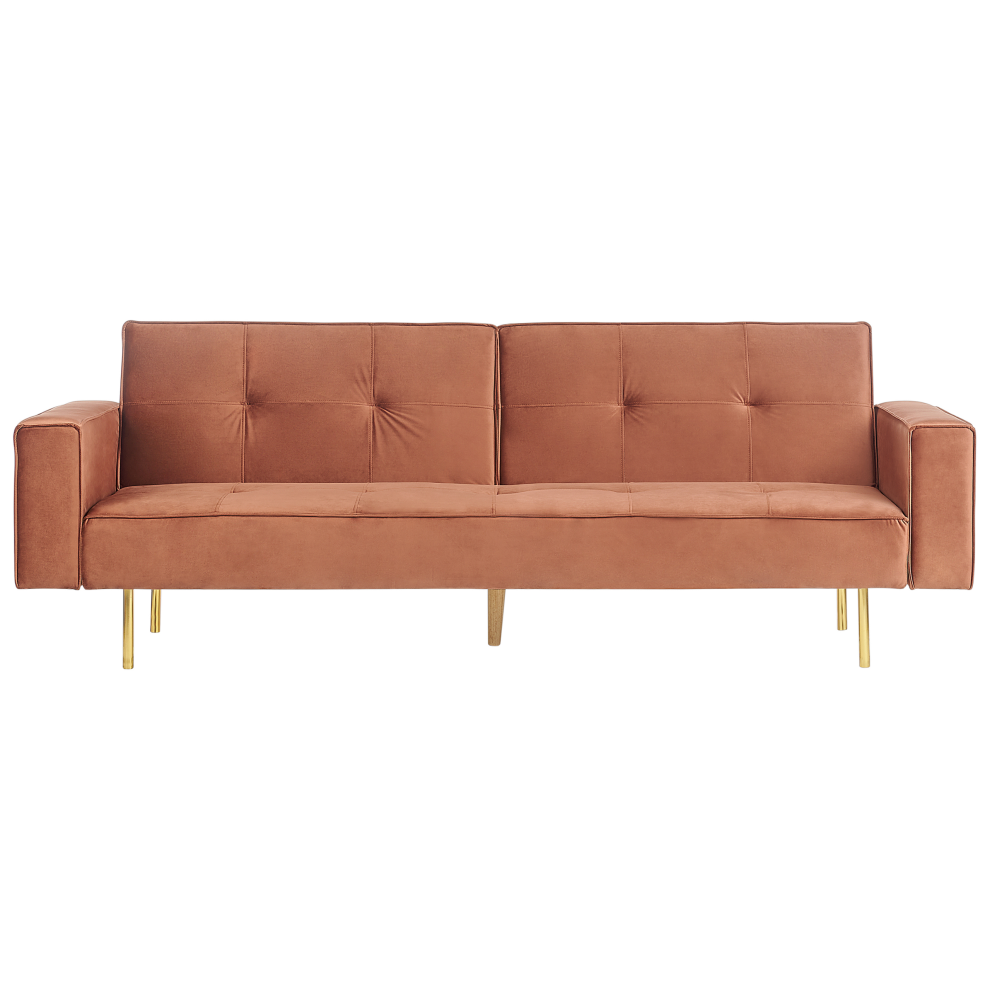 Beliani Sofa Bed 3 Seater Visnes Velvet Golden Brown