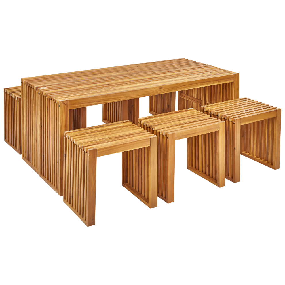 Beliani Bellano 6 Seater Garden Dining Set With Benches And Stools Brown Acacia Wood