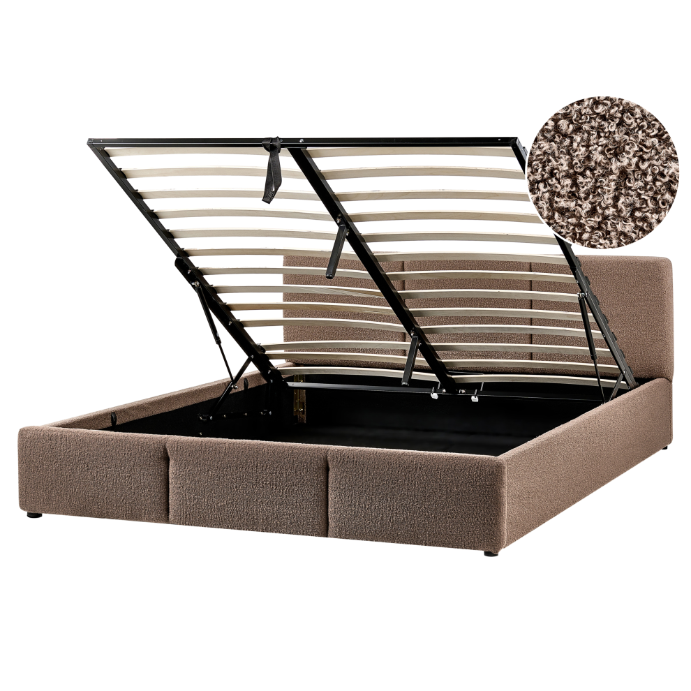 Beliani Ottoman Bed Boucle Bousse 160 X 200 Cm (Eu King Size) Taupe Brown