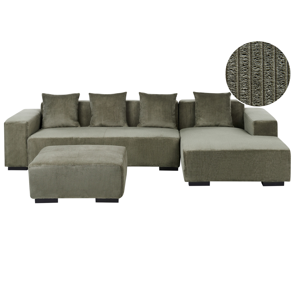 Beliani Corner Sofa 4 Seater Lungo Corduroy Green With Ottoman Left Hand