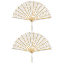 2Pcs Beige Lace Folding Fans Bamboo Handheld Fans for Wedding Party