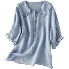 Women's Casual Cotton Linen Button Up Lapel Doll-light blue M