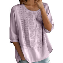 Floral Embroidered Cotton Linen Shirts for Women 3/4-Pink M