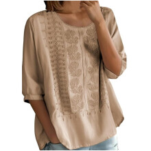 Floral Embroidered Cotton Linen Shirts for Women 3/4-apricot M
