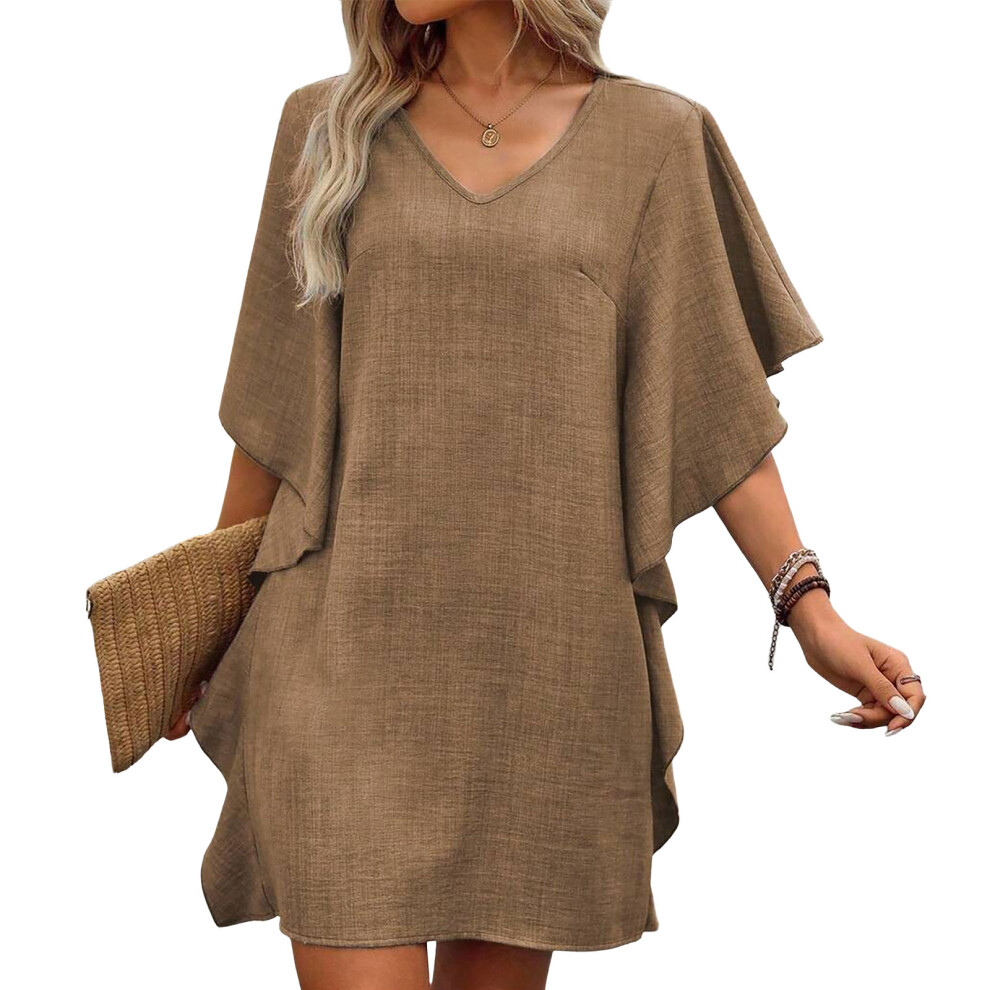 V-Neck  Sleeve  for Women ightweight Linen Tops Flowy-Khaki XXL