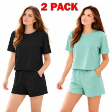 (Medium, 1 Black - 1 Mint _ 2 Pack) 2Pack Women Pajama Shorts Set Short Sleeve Nightwear