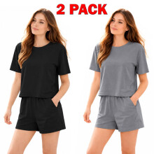 (Medium, 1 Grey - 1 Black _ 2 Pack) 2Pack Women Pajama Shorts Set Short Sleeve Nightwear