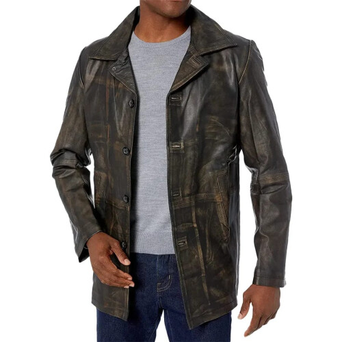 (M) Winchester Distressed Vintage Brown Leather Car Coat