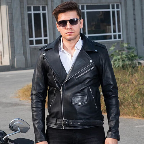 (2XL) The Enforcer: Black Leather Biker Jacket