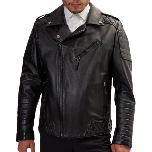 (2XL) The Urbanite: Quilted Black Biker Leather Jacket