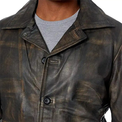 (M) Winchester Distressed Vintage Brown Leather Car Coat 1