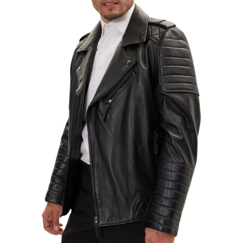 (2XL) The Urbanite: Quilted Black Biker Leather Jacket 1