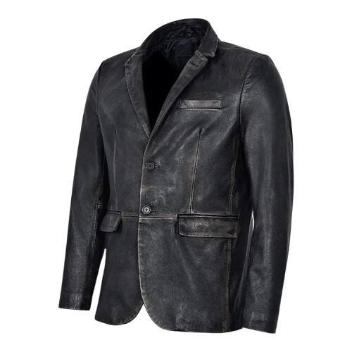 (2XL) Harlan Distressed Black Leather Blazer 1
