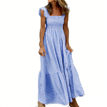 Women's Retro Plaid Pleated Suspender Ruffled Maxi-Sky Blue S
