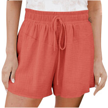 Womens Cotton Linen Shorts Elastic Waist Pleated Beach-Red XXL