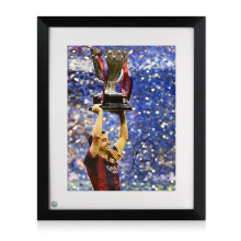 Xavi Signed Barcelona Football Photo: Trophy Lift. Framed
