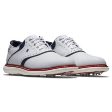 (UK 9.5, White/Navy/Red) Footjoy Mens Traditions Breathable Waterproof Leather Spiked Golf Shoes