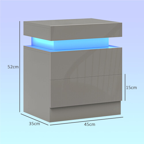 Homcom HOMCOM High Gloss Bedside Table with LED Light and 2 Drawers, Grey 2