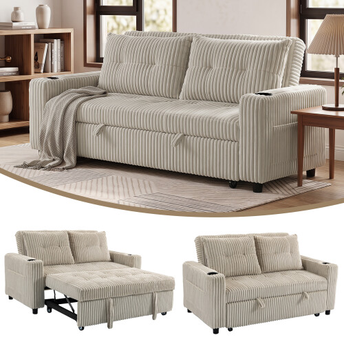 Homcom HOMCOM Corduroy Click Clack Sleeper Sofa with Pull Out Design, Cream White 1