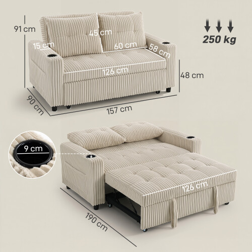 Homcom HOMCOM Corduroy Click Clack Sleeper Sofa with Pull Out Design, Cream White 2