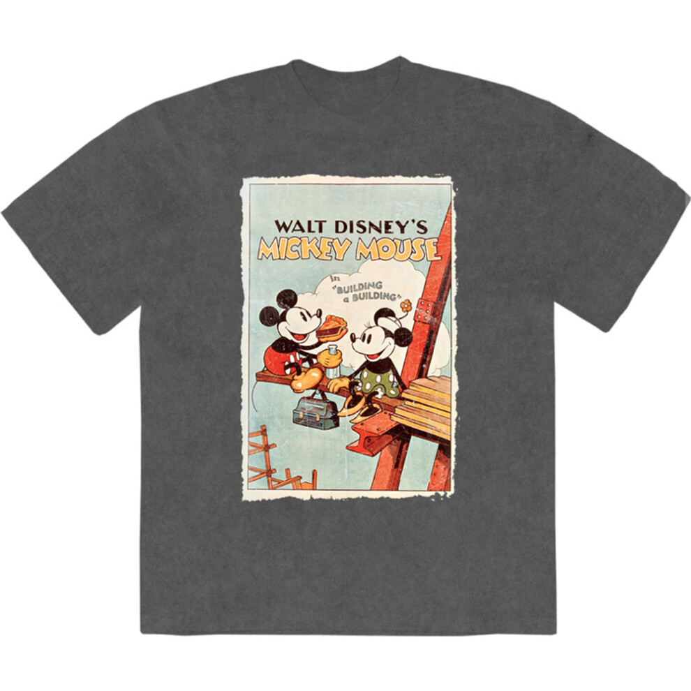 Disney (M, Charcoal) Mickey Mouse Building A Building Limited Premium Wash T Shirt