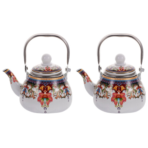 2Pcs Retro Enamel Tea Kettles Practical Water Boiling Pots Multicolor