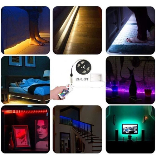 Bande LED à piles avec télécommande, autocollante, sécable, étanche, 2 m, 60 LED RGB 1