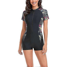 (Black Short Sleeve, XXL) Full Sleeve Athletic Swimsuit for Ladies - One Piece Wetsuit Swimwear