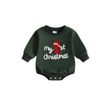 (12-18 Months, Green) Baby Boy Girls Christmas Romper Adorable Letter Embroidery Long Sleeve Round Neck Jumpsuit