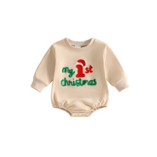 (3-6 Months, Apricot) Baby Boy Girls Christmas Romper Adorable Letter Embroidery Long Sleeve Round Neck Jumpsuit