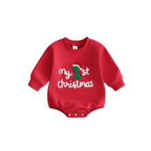 (0-3 Months, Red) Baby Boy Girls Christmas Romper Adorable Letter Embroidery Long Sleeve Round Neck Jumpsuit