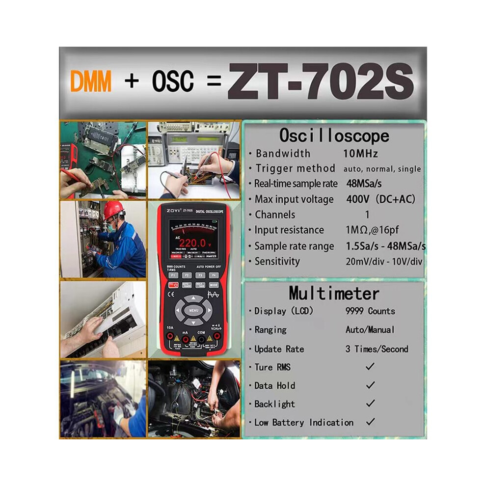 Zoyi Zt-702S 2 In 1 Handheld Digital Automotive Oscilloscope Multimetersingle Channel 10Mhz Bandwidth,64Kbyte Record Length Tool 4713552222528