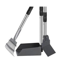 Dog Pooper Scooper, Dog Poop Tray and Rake Set, Pet Waste Removal Scoop with Long Adjustable Sectional Stainless Handle