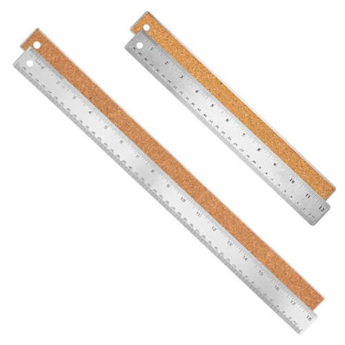 Régua de Metal com Base de Cortiça, 30,5 cm + 45,7 cm, em Aço Inoxidável, Antiderrapante, com Marcações em Polegadas e Centímetros.