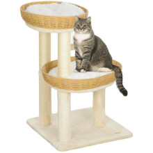Krabpaal, 75,5 cm hoog, met twee rotan kattenbedden, krabpalen en wasbare kussens.