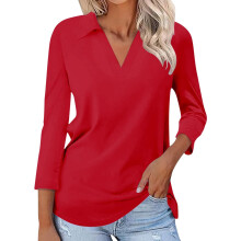 Long Sleeve Womens Tops Dressy Casual V Neck Polo Shirts-Red XL