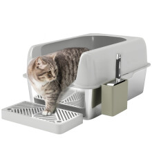 Leicht zu reinigende Katzentoilette aus Edelstahl mit hohem, auslaufsicherem Rand, inklusive Streuschaufel, grau