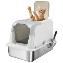 Katzentoilette mit geschlossener Edelstahlschale, leicht zu reinigen, 60,4 x 40,4 x 41,8 cm, weiß