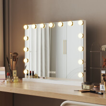 58x46cm White Hollywood Vanity Mirror, 15 LED Bulbs, 3 Color Dimmable with Bluetooth & UK Plug