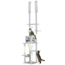 Kattenkrabpaal van vloer tot plafond, in hoogte verstelbaar van 225 tot 255 cm, 6 verdiepingen met hangmat en slaapruimte