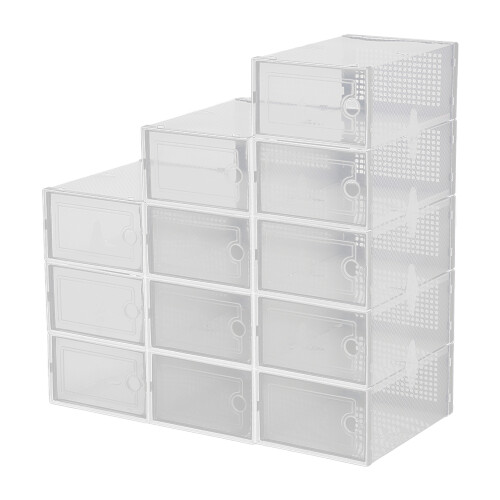 12 Pack White Foldable Stackable Clear Plastic Shoe Storage Boxes 33x23x14cm