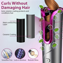 Automatic Hair Curler Portable Cordless Curling Iron Ceramic Professional Hair Curler USB Charging Temps Timers Anti-Scald Tangle-Free Home Travel Use