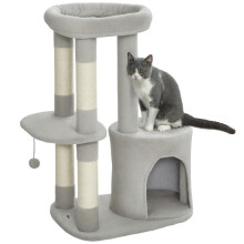 Speeltoren voor katten met krabpalen, platform, verstopplekje, bal en zachte bekleding.