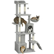 Speeltoren voor katten met 7 krabpalen, 3 platforms, 2 schuilplaatsen, een tunnel, een hangmat en 2 pompons.