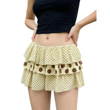 (M, Yellow) Women Mini Layered Ruffle Skirt Dot Print Low Elastic Waist A-line Short Skirt Casual Summer Streetwear