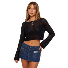 (M, Black) Women's Sheer Knit Cropped Top Long Sleeve Boat Neck See Through Lightweight Mesh Cover Up Knitwear