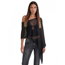 (One Size, Black) Women's Knitted Poncho Fashion Lightweight Solid Color Off One Shoulder Shawl Wrap for Beach Party