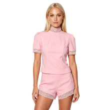 (L, Pink) Women's 2 Pieces Summer Outfit Mock Neck Puff Short Sleeve Lace Trim Patchwork Tops and Matching Shorts Dressy Set