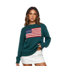 (L, Dark Green) Women's Long Sweaters Flag Patterned Long Sleeve Round Neck Ribbed Loose Knitted Tops