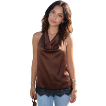 (M, Chocolate) Women's Halter Neck Satin Tops Elegant Lace Trim Sleeveless Open Back Tie Back Tank Tops for Party Daily Wear